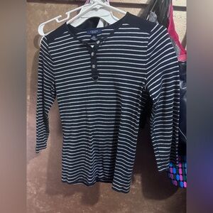 Chaps Black and White Striped Button Henley